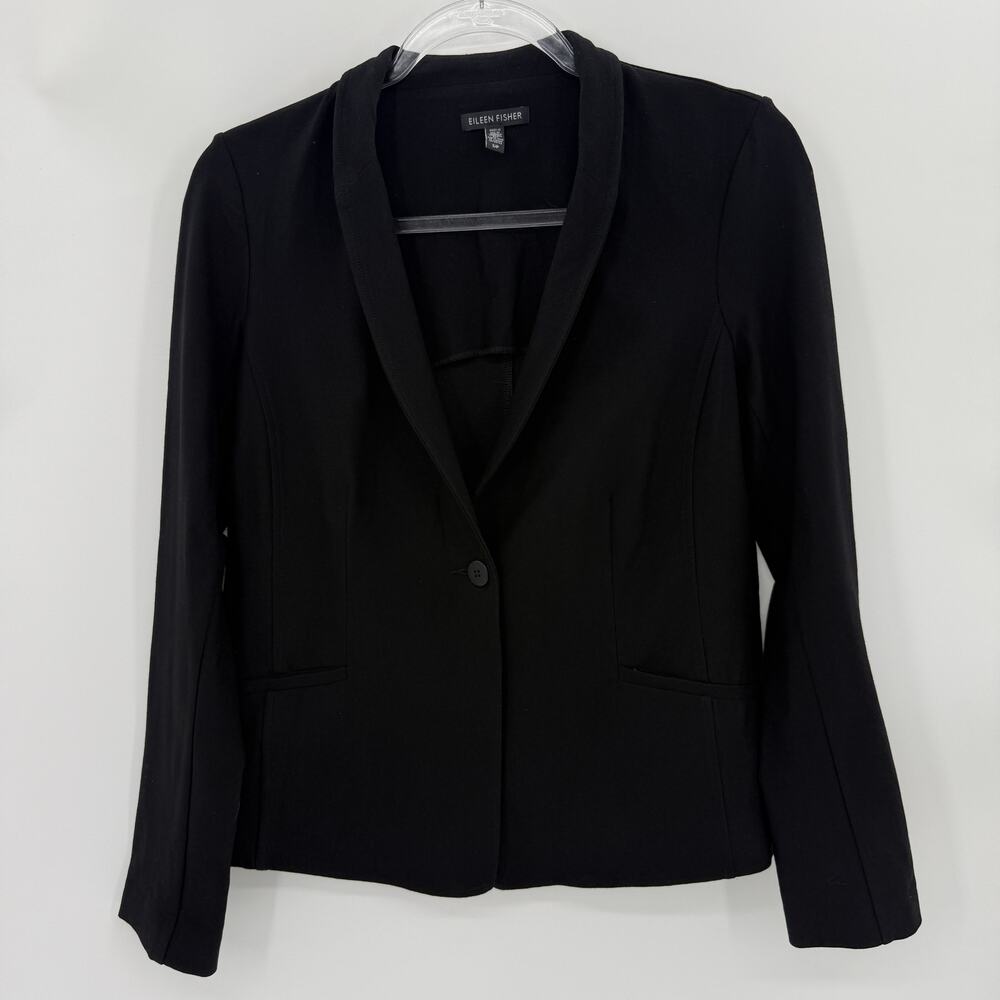 EILEEN FISHER Stretch Viscose Blazer Jacket Size S Black Single Button Knit Dark